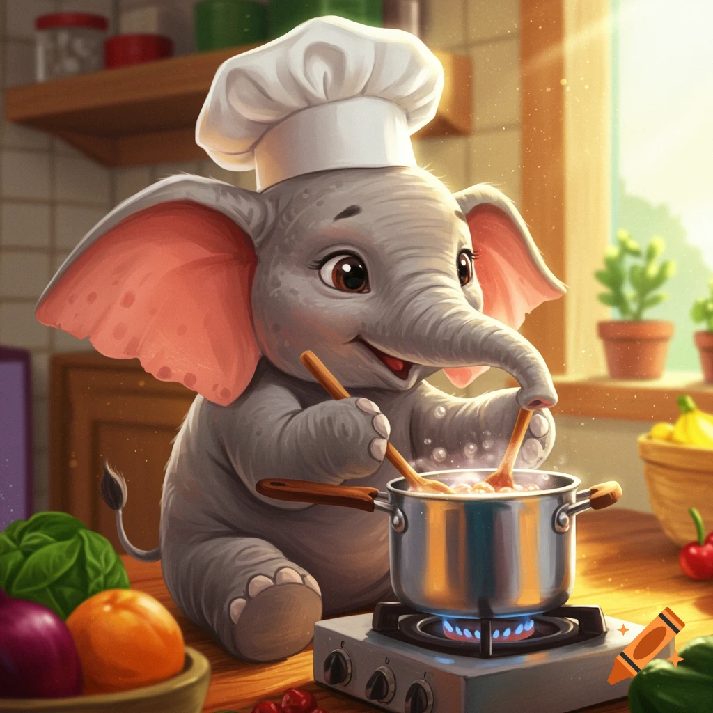 A cute baby elephant wearing a chef hat stirs a pot on a stove in a kitchen.