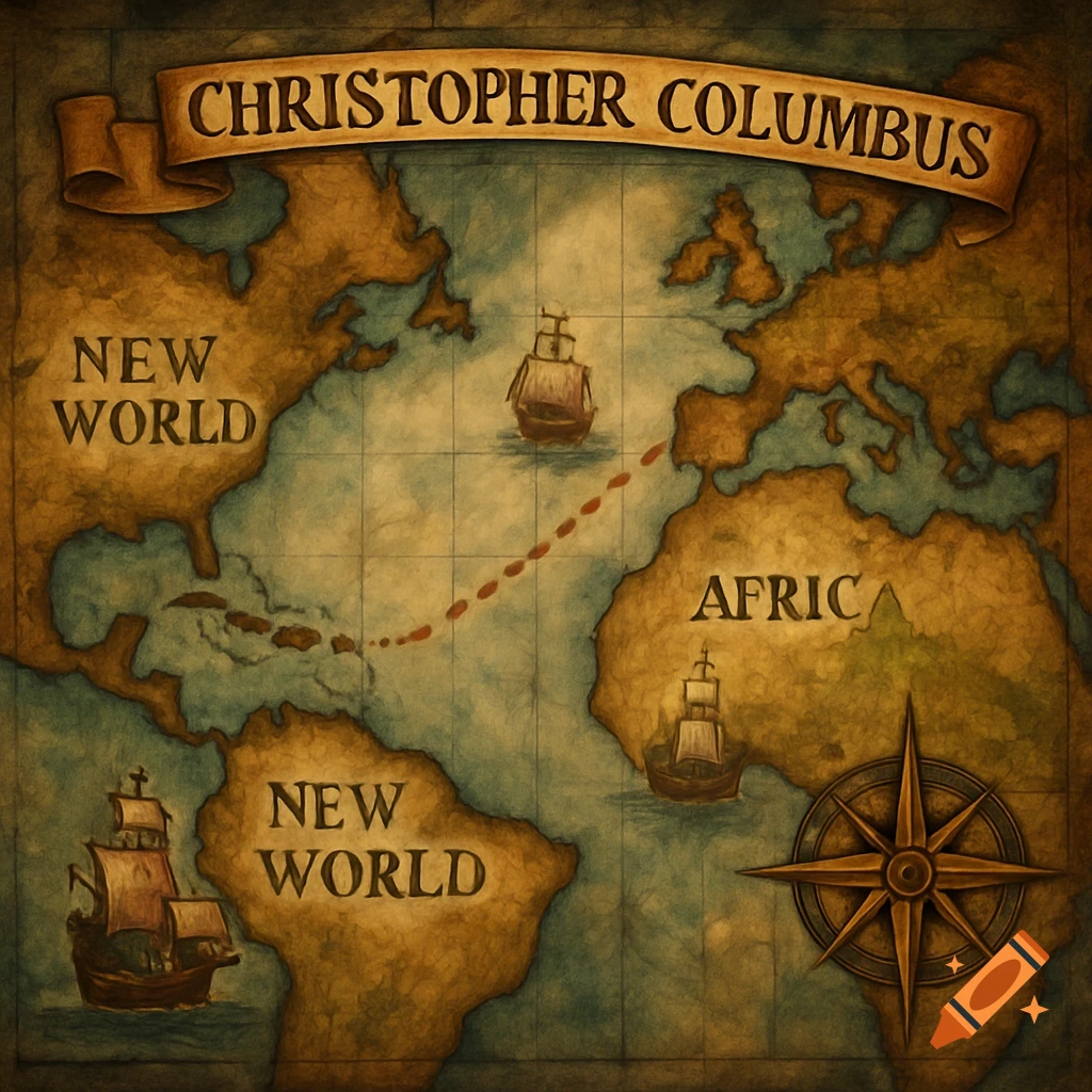 Antique map showing Christopher Columbus's route across the Atlantic with ships and labeled continents.