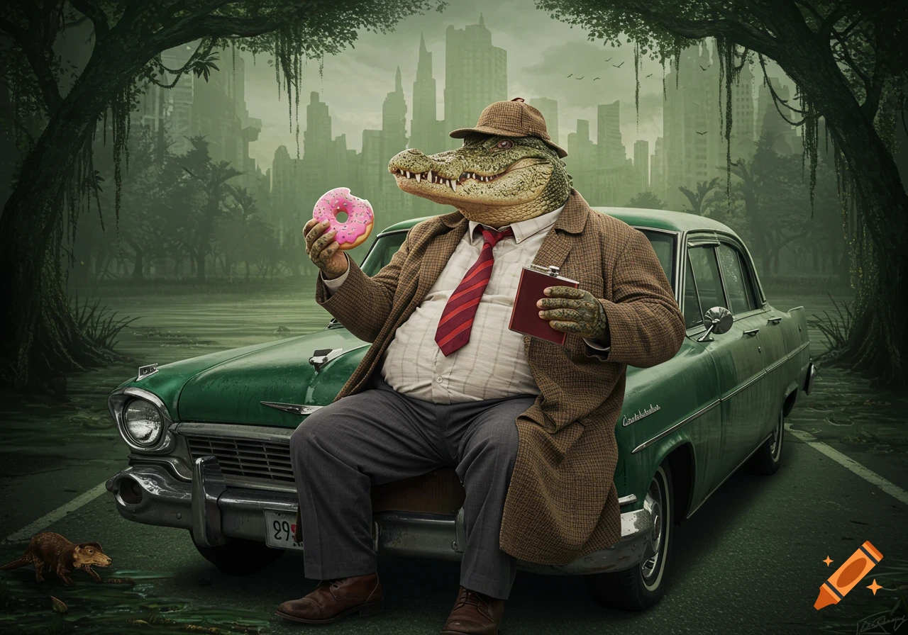 Photorealistic image of an alligator detective in a trench coat and hat, holding a donut and flask, sitting on a green classic car in a swampy urban setting.