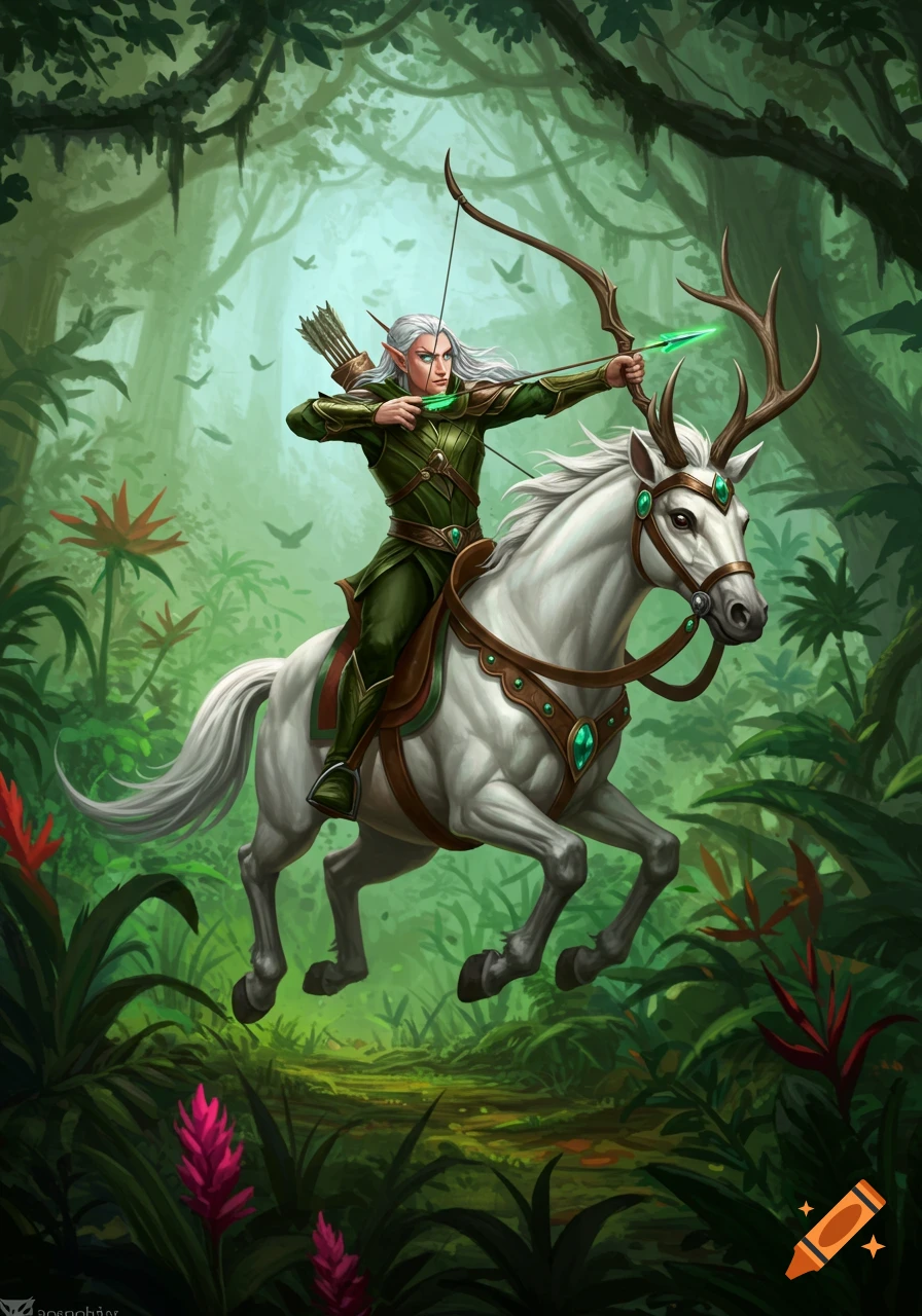 An elven archer on a white deer-like horse aims a glowing arrow in a lush jungle, digital painting.