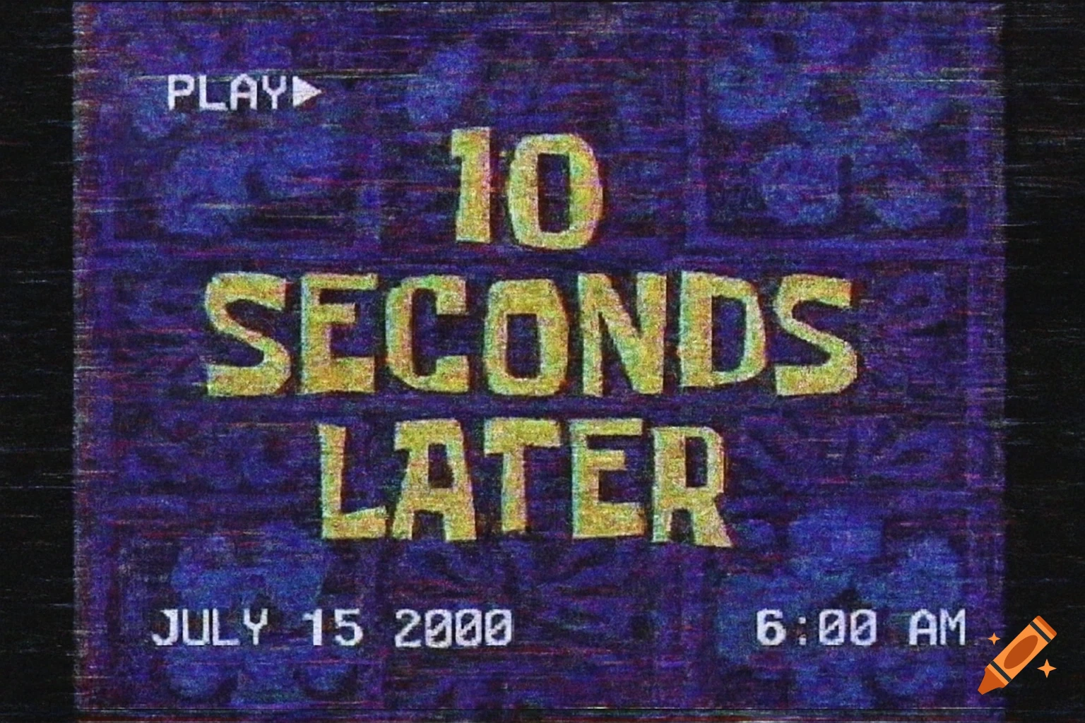 SpongeBob time card with '10 seconds later' text and a vintage VHS glitch effect.