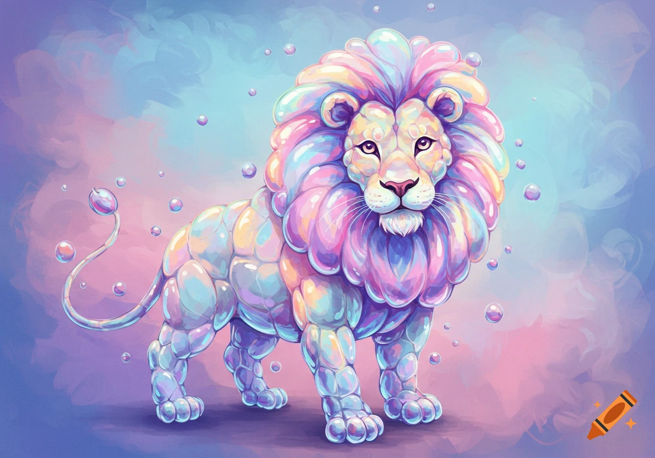 A colorful, abstract lion made of bubbles on a pastel background.