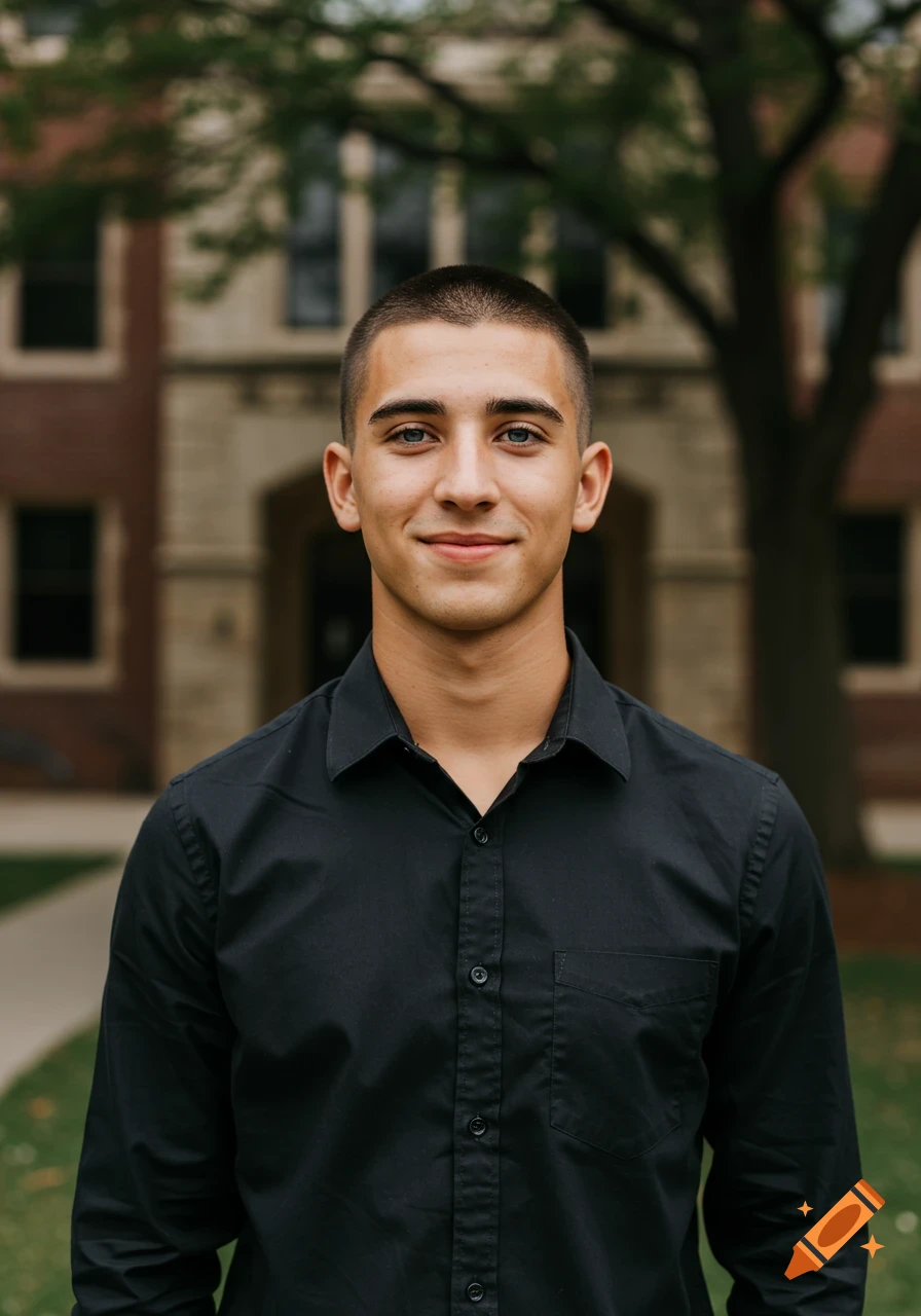 A young man with a buzz cut and blue eyes smiles at the camera outside a university building.
