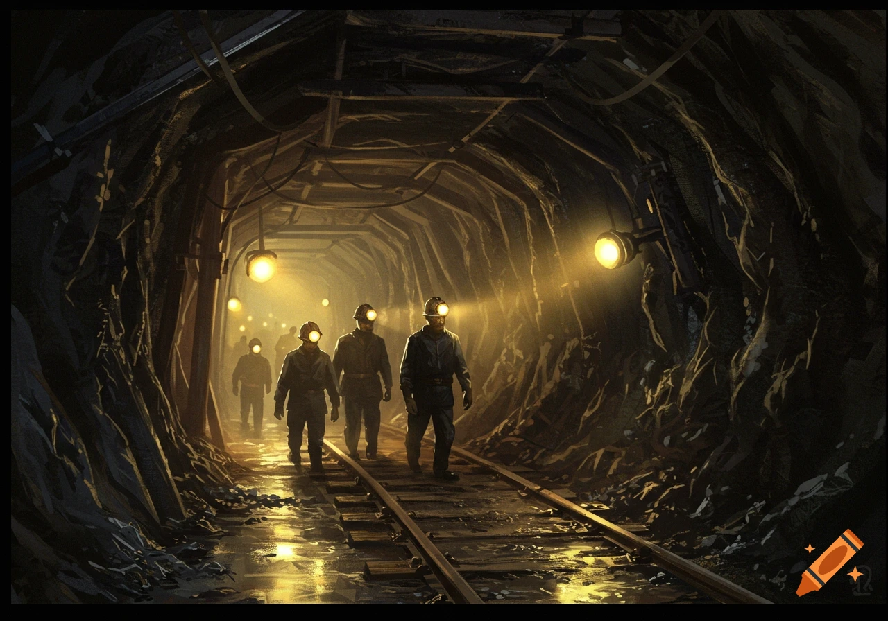 Miners walking along railway tracks in a dark mine shaft, lit by headlamps. Digital illustration.