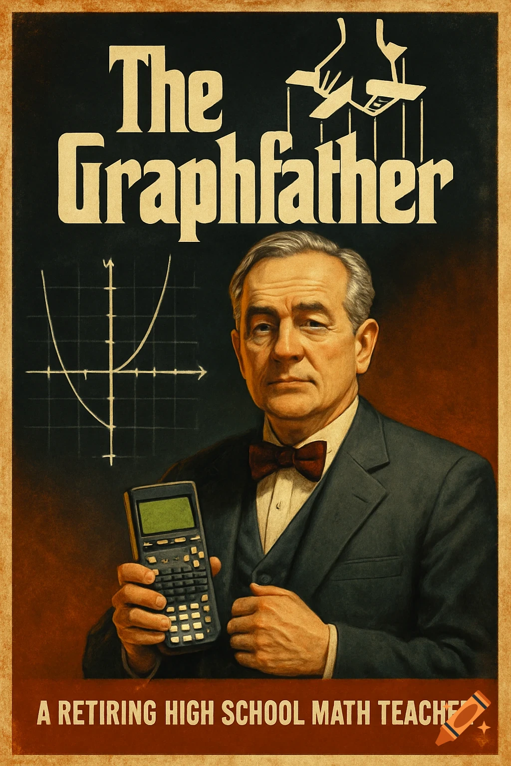 Vintage-style movie poster for 'The Graphfather' featuring a math teacher holding a calculator in front of a chalkboard graph.