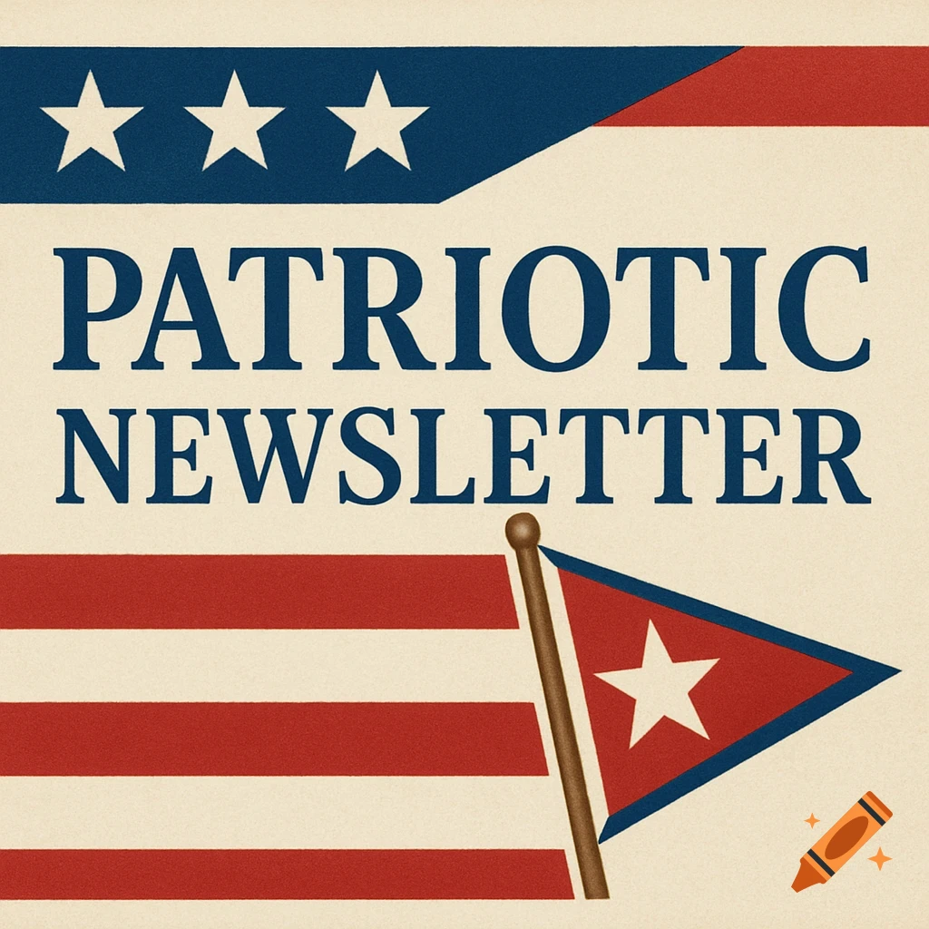Patriotic newsletter header with stars, stripes, and a triangular flag.