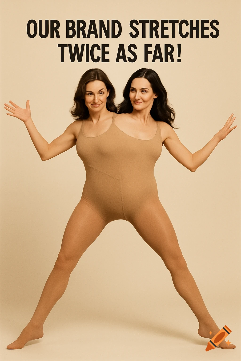 A two-headed woman illusion in a beige leotard poses below the text 'OUR BRAND STRETCHES TWICE AS FAR!'