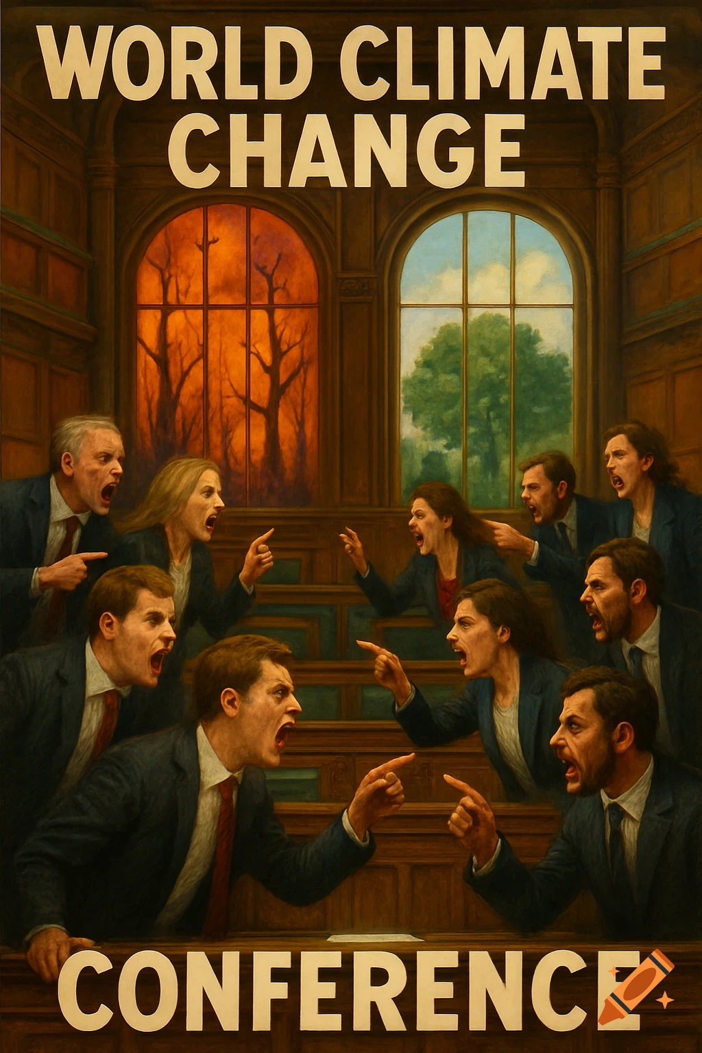 Poster for a World Climate Change Conference showing people arguing in a room with windows contrasting burning and green trees.