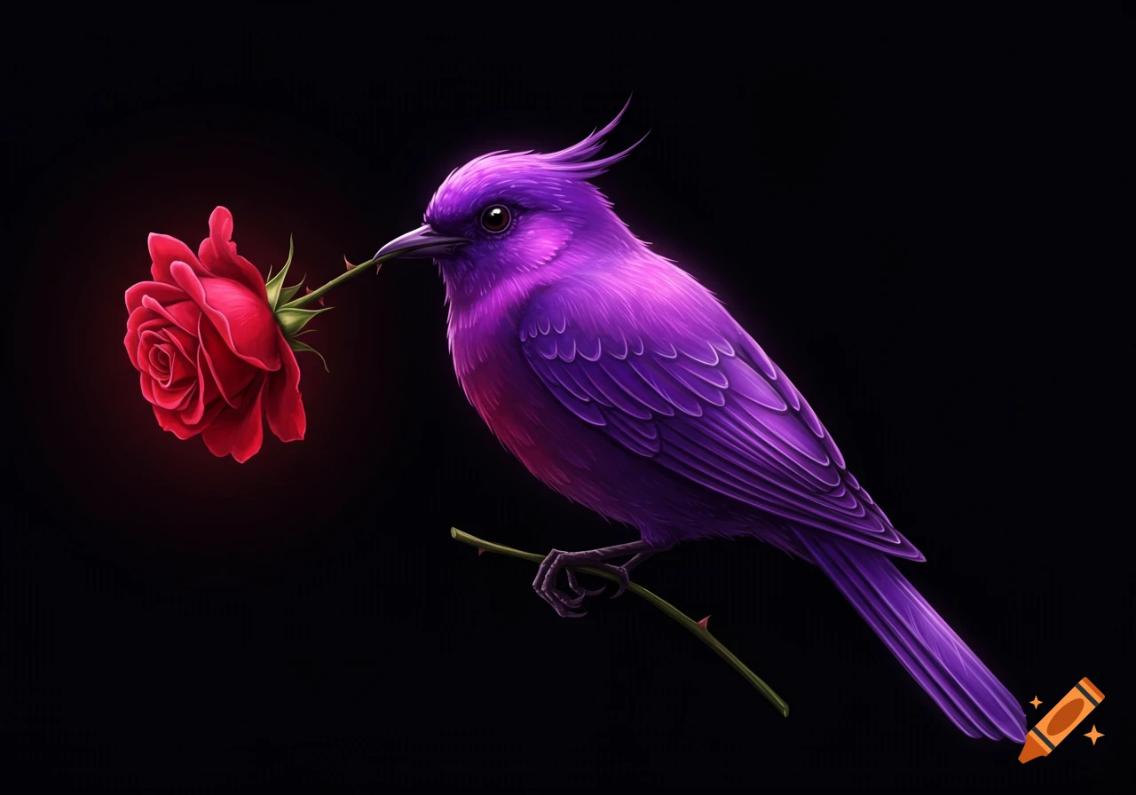A purple bird holds a red rose in its beak, illustrated against a black background.