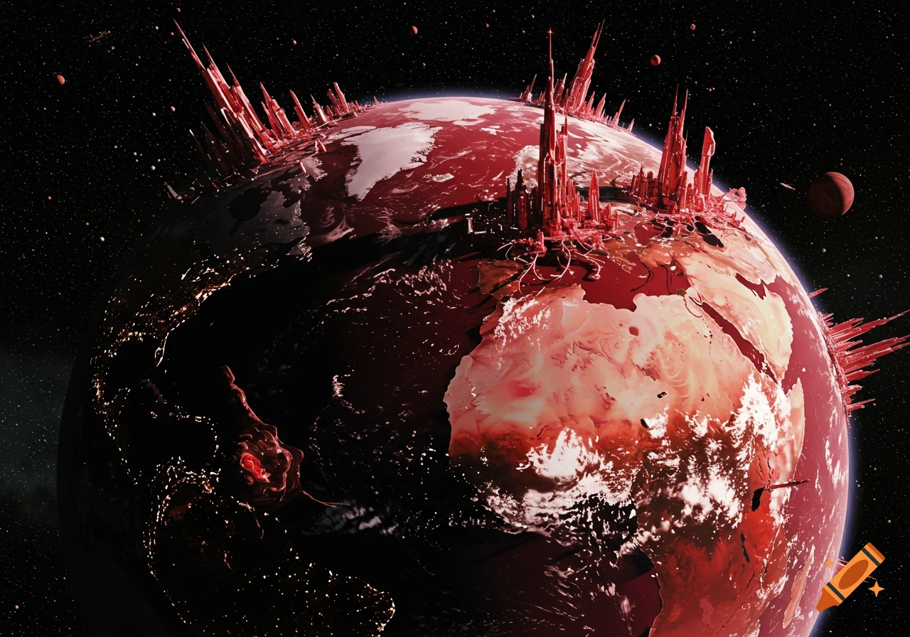 A view of a planet with red and white landmasses, covered in spiky red cities, against a starry black space background.