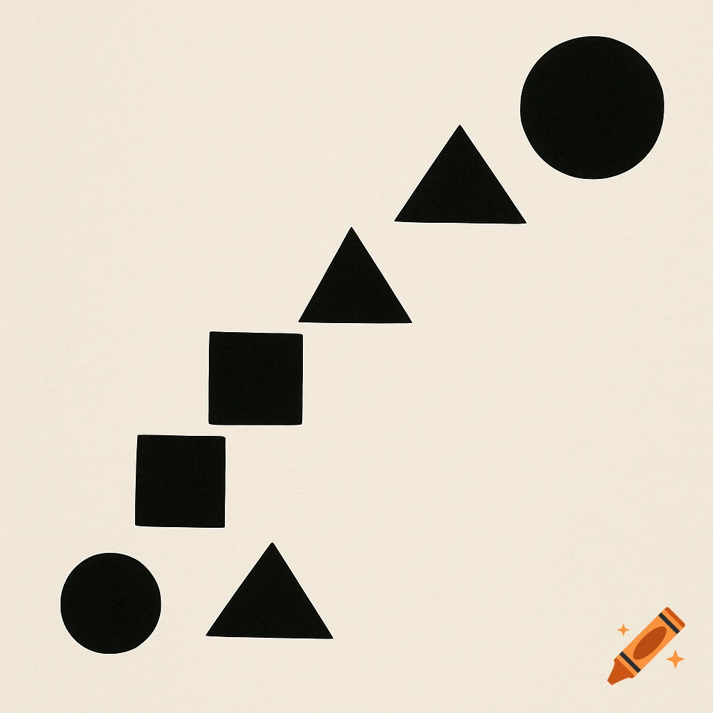 Black geometric shapes, including circles, squares, and triangles, forming a diagonal line on a light background.
