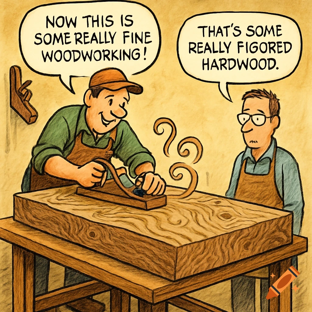 Cartoon of two men woodworking, one planing a large piece of wood, the other watching. Speech bubbles contain dialogue about fine woodworking and figured hardwood.