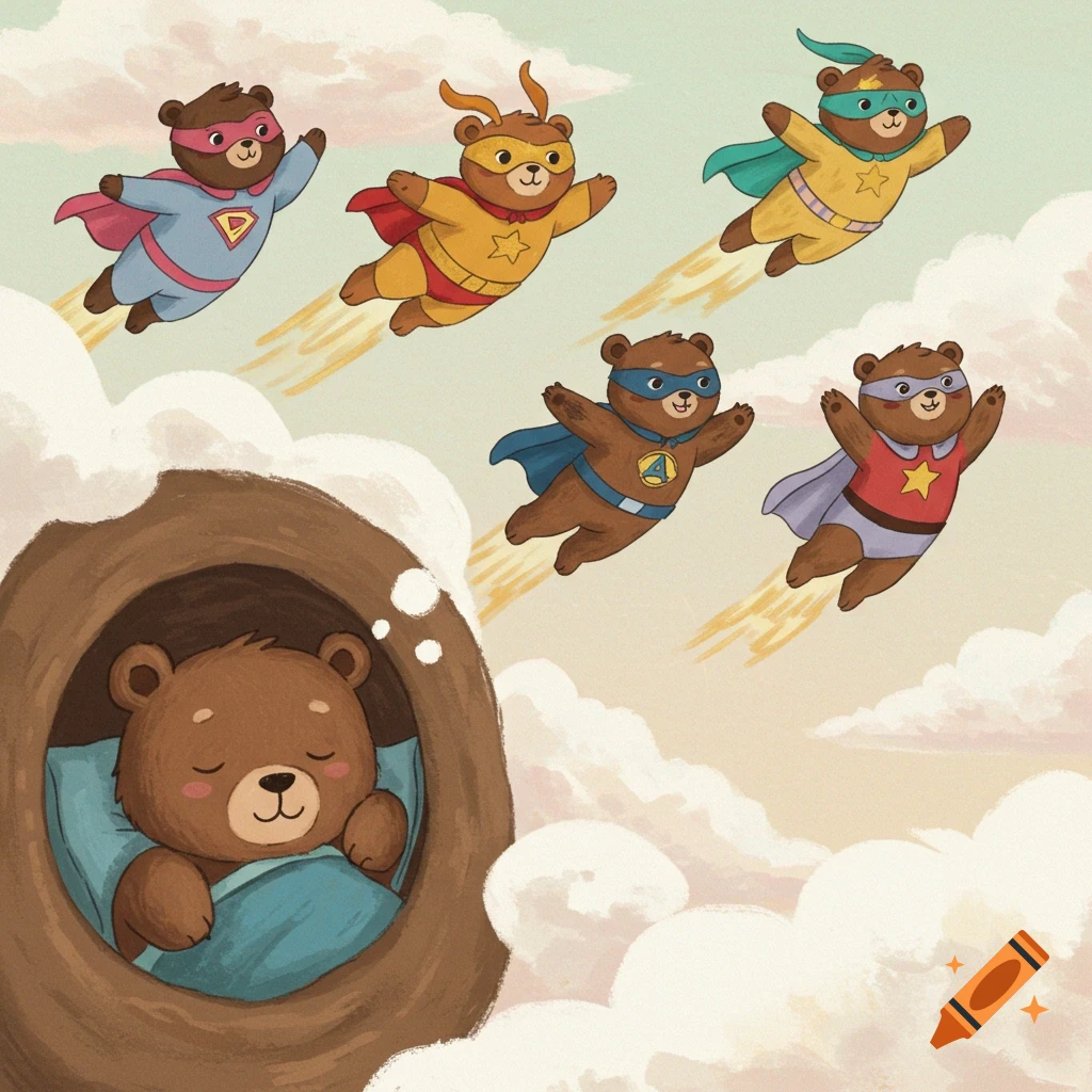 Illustration of a sleeping bear dreaming of superhero bears flying over clouds.