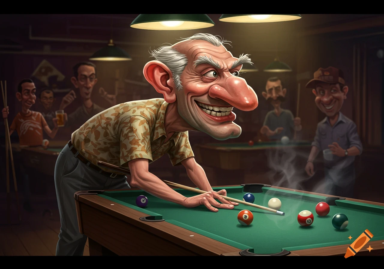 Caricature of an old man playing pool in a dimly lit bar