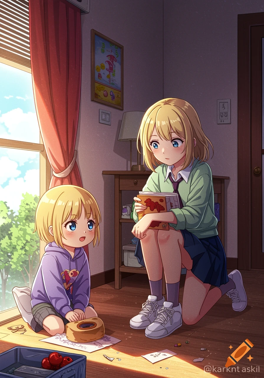 Two anime girls sit on the floor by a window with books and crafts.