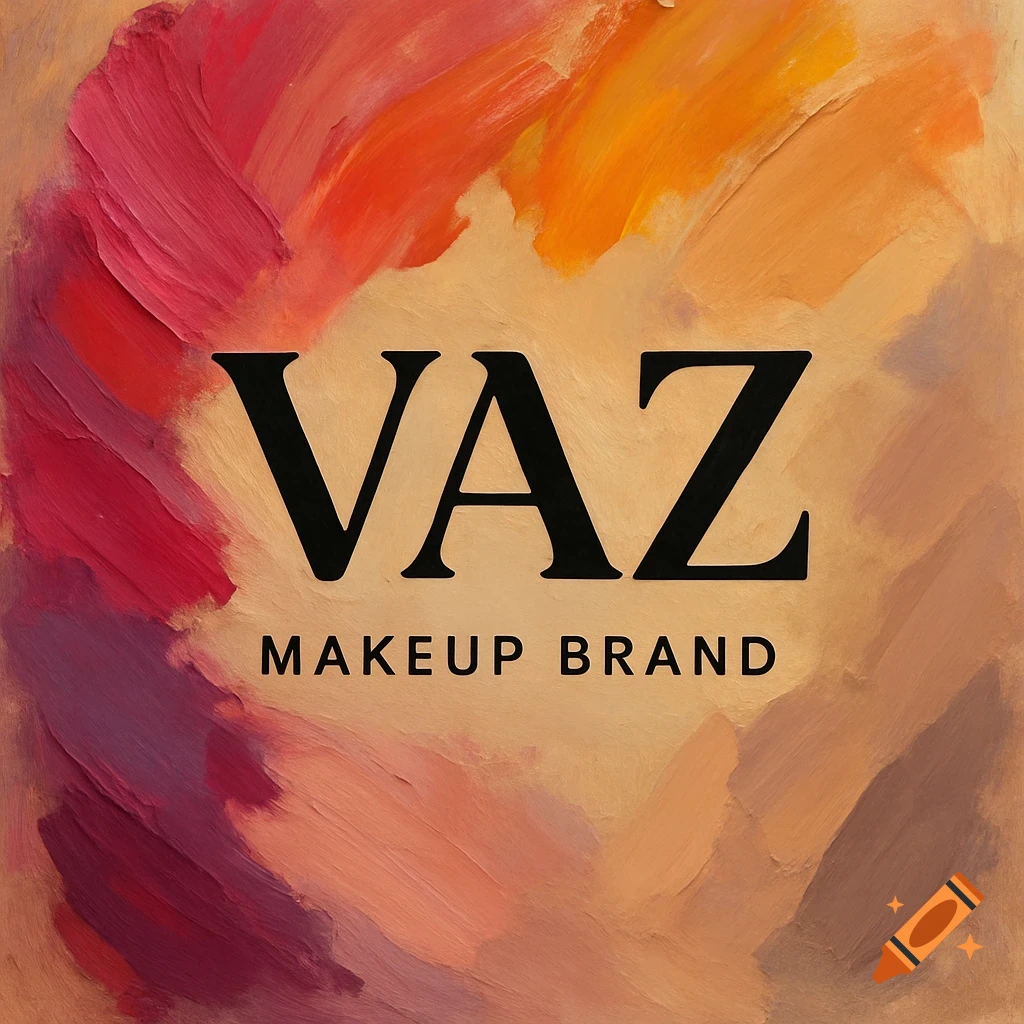 A logo with the text VAZ MAKEUP BRAND over a background of colorful paint strokes.