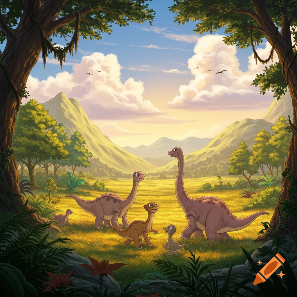A cartoon family of long-necked dinosaurs stands in a sunny meadow, framed by trees.