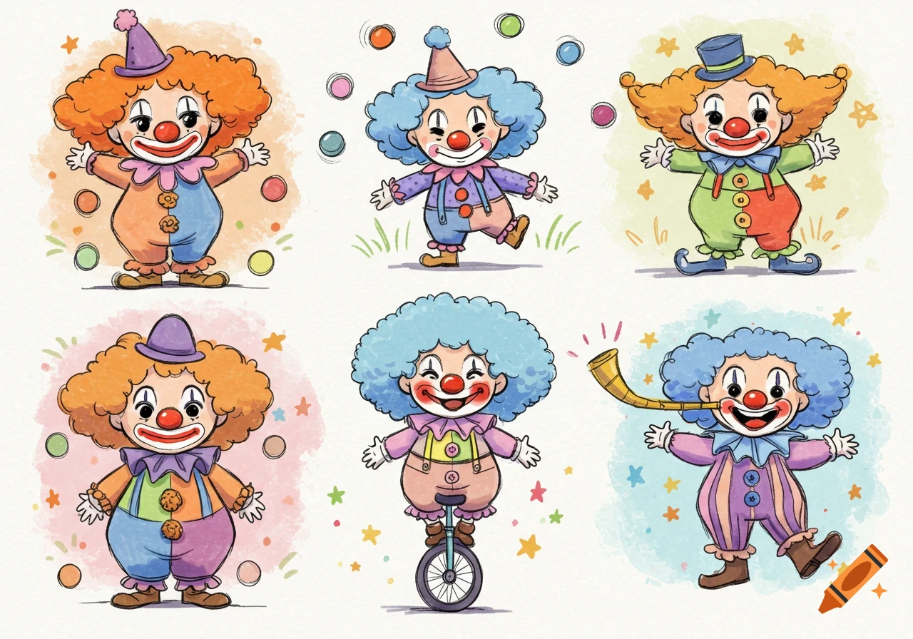 A collection of six cute cartoon clown illustrations in a watercolor sketch style.