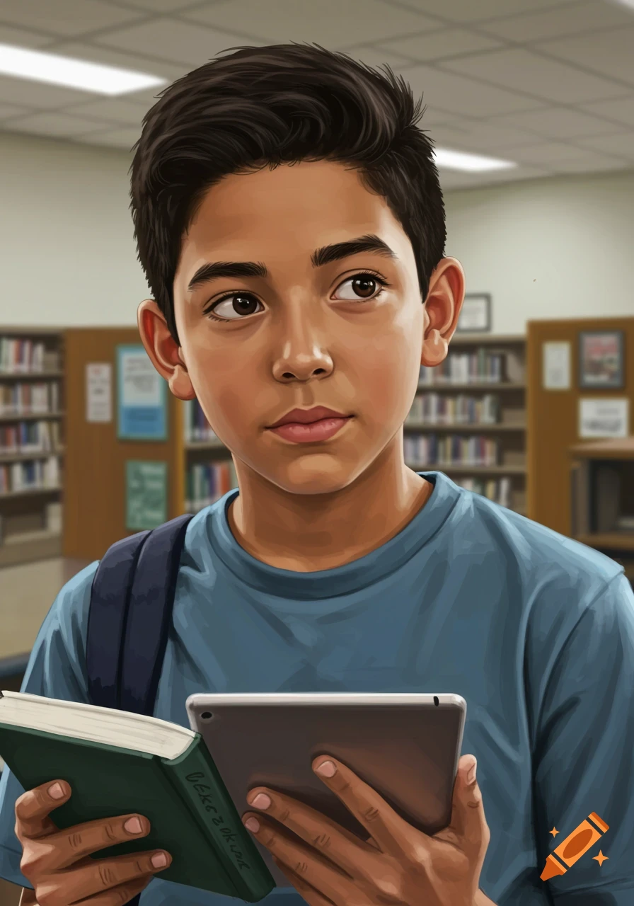 Young male student in a library holding a book and tablet, illustration style