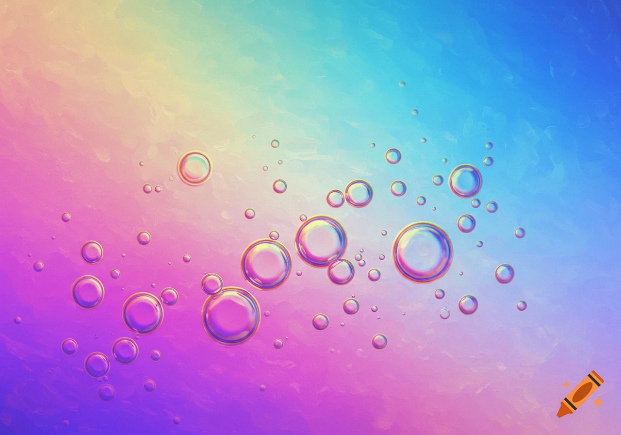 Bubbles floating against a colorful pink, yellow, and blue gradient background.