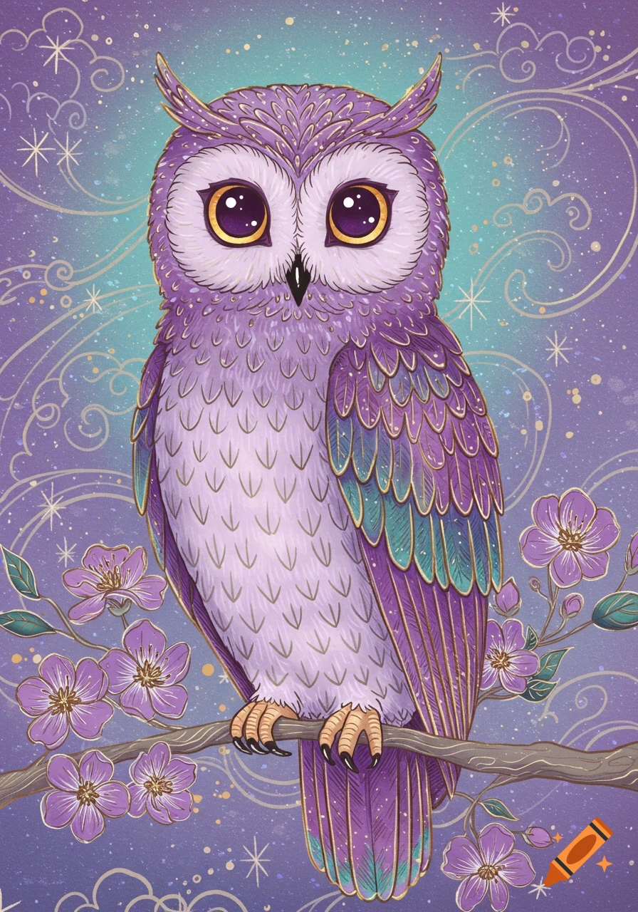 Illustration of a mystical purple owl perched on a branch with purple flowers against a starry, swirly sky.