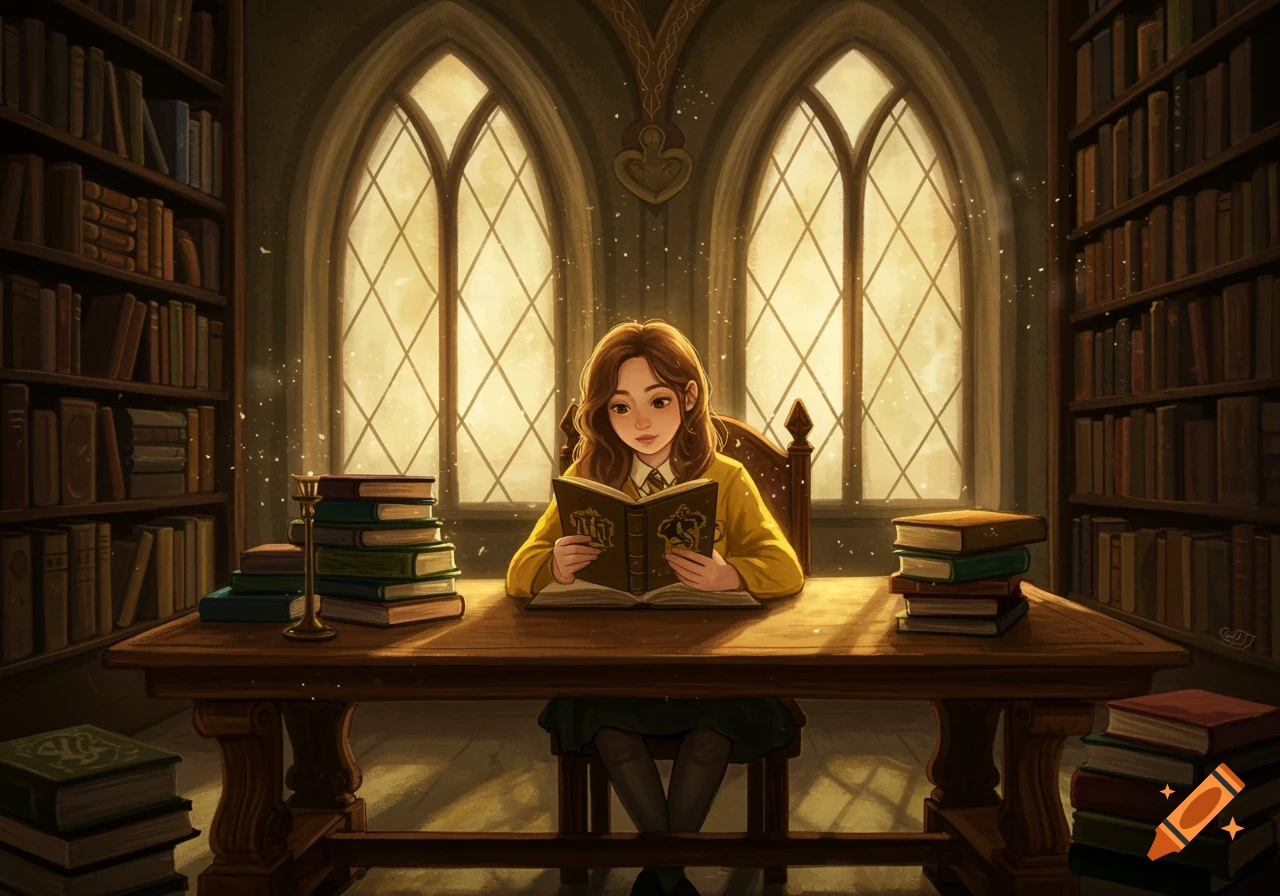 A girl in a yellow robe studies a large book in a library with arched windows and bookshelves.