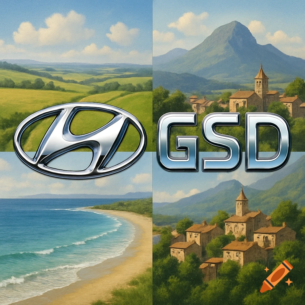 Chrome Hyundai logo and 'GSD' text overlaying a split image of countryside, mountains, village, and beach scenes.