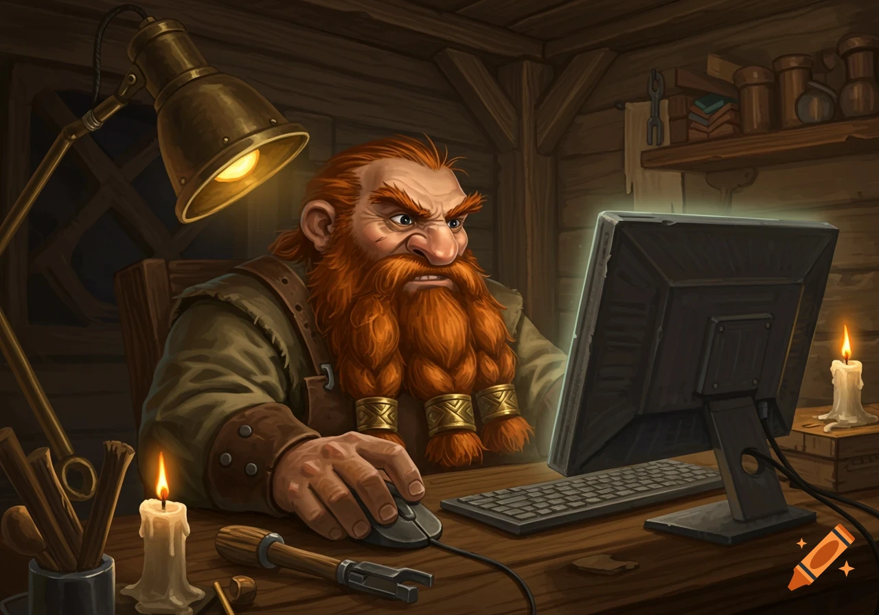 A grumpy dwarf sits at a wooden desk, using a computer mouse and keyboard. Digital painting.