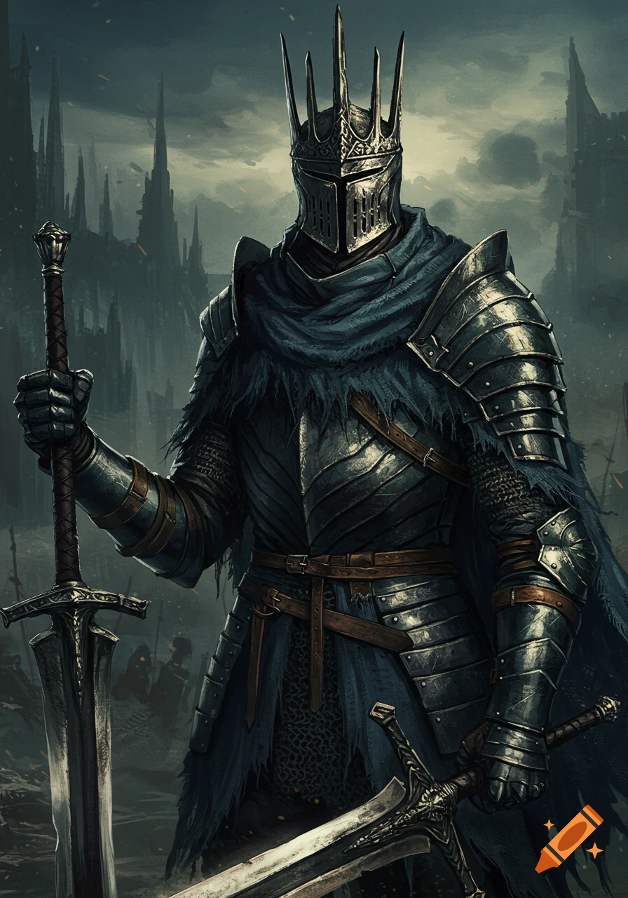 Dark fantasy portrait of a knight in armor and crown helmet holding a greatsword against a ruined castle background.