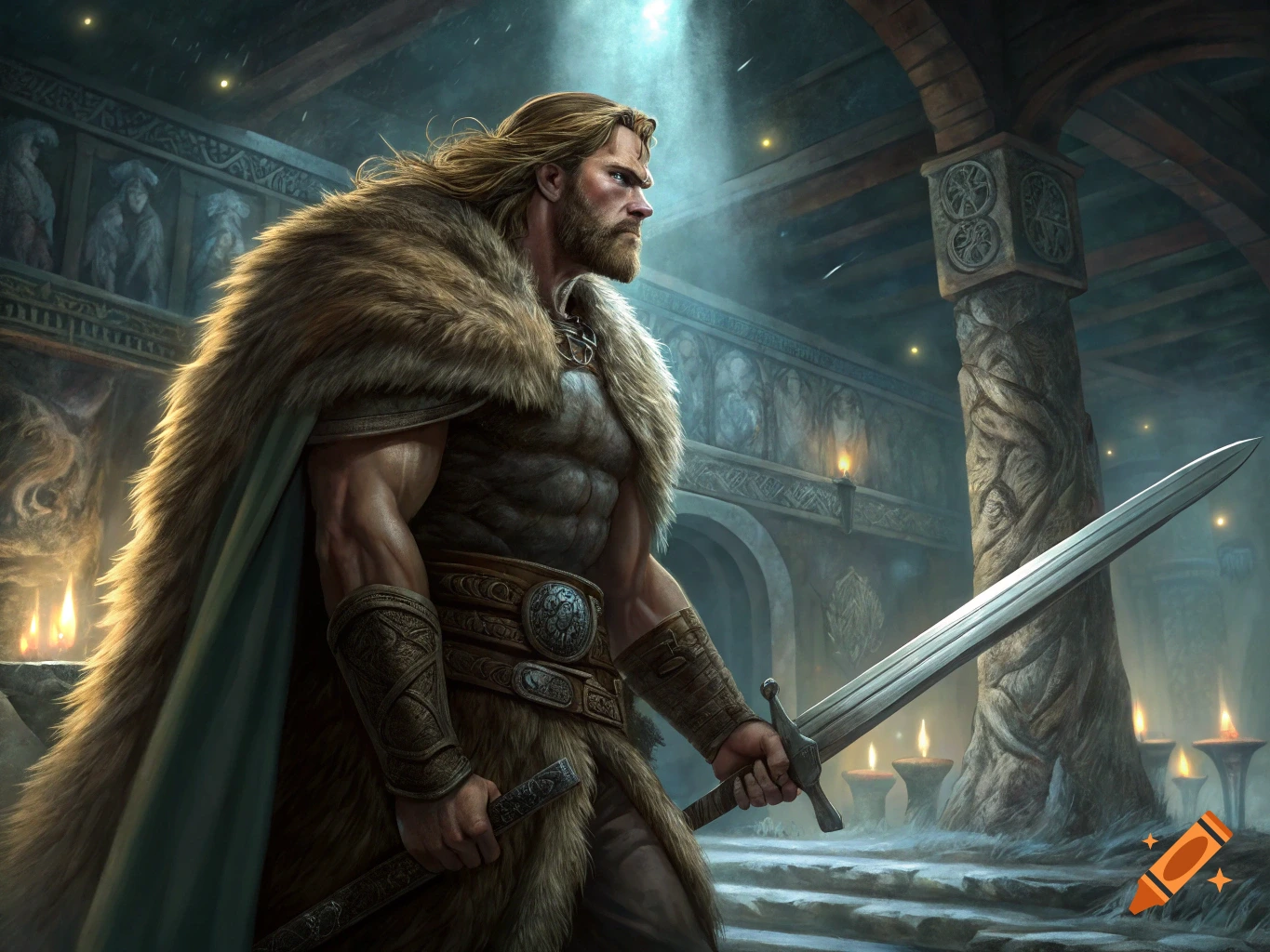 A muscular warrior in a fur cloak and armor holds a sword in a ...