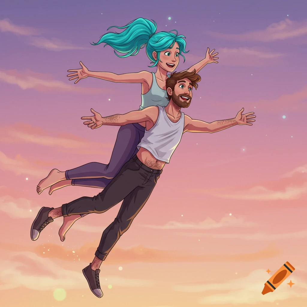 Illustration of a couple flying through a sunset sky with arms outstretched.