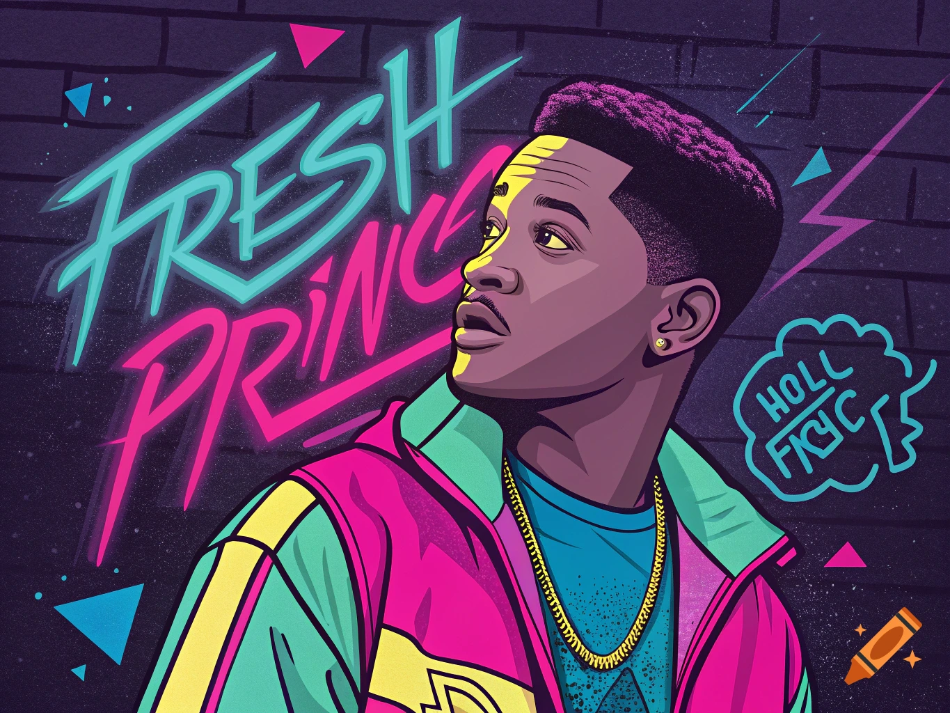 Illustration of Will Smith as Fresh Prince in 80s style with neon text and graffiti background