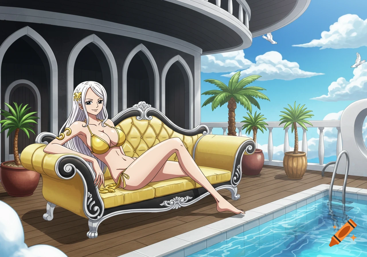 Anime character in gold bikini on couch by pool on a balcony
