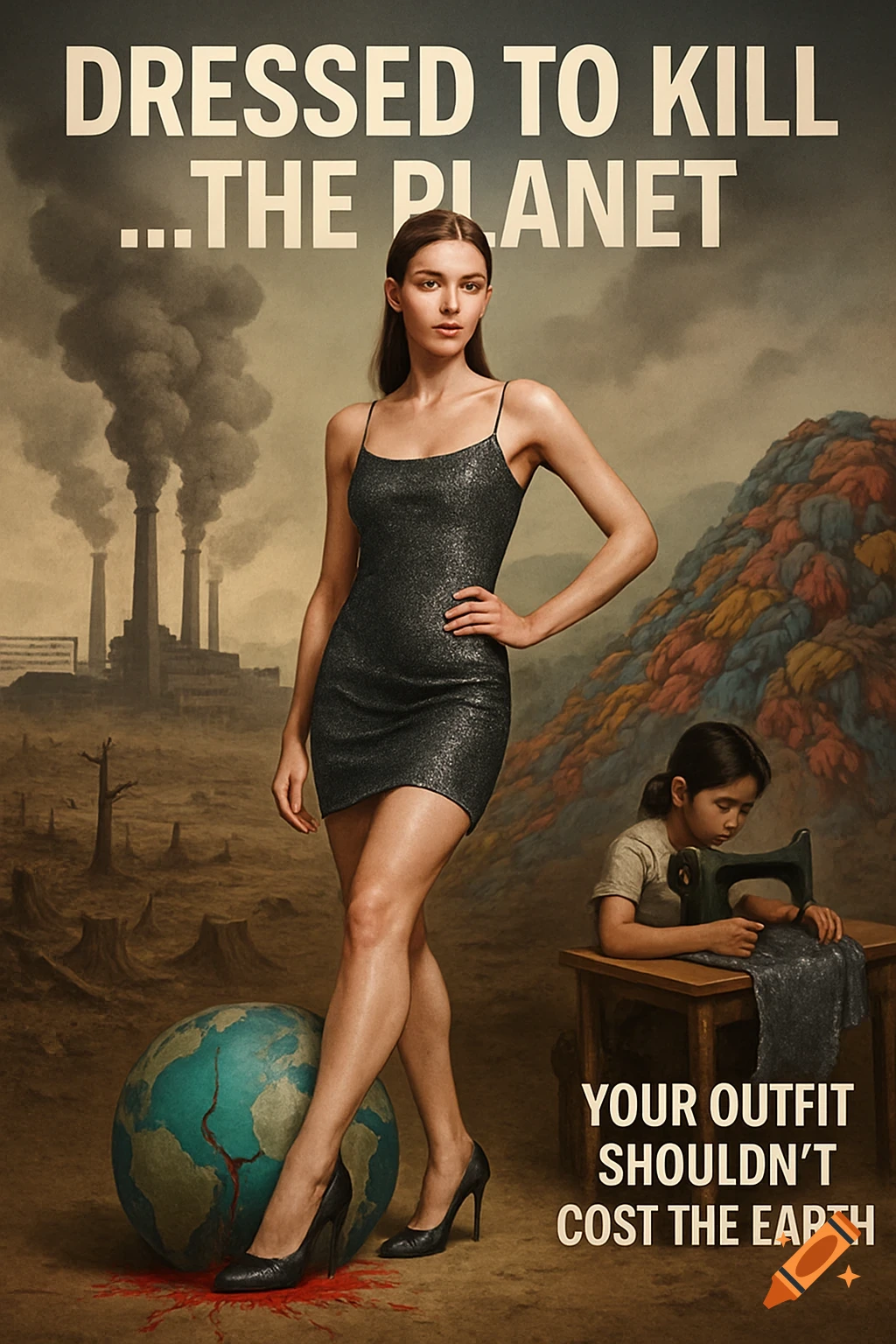 Fashion model poses in front of polluted factories, deforestation, textile waste pile, and child sewing. Model's high heels crush a bleeding globe. Text reads DRESSED TO KILL ...THE PLANET, YOUR OUTFIT SHOULDN'T COST THE EARTH.
