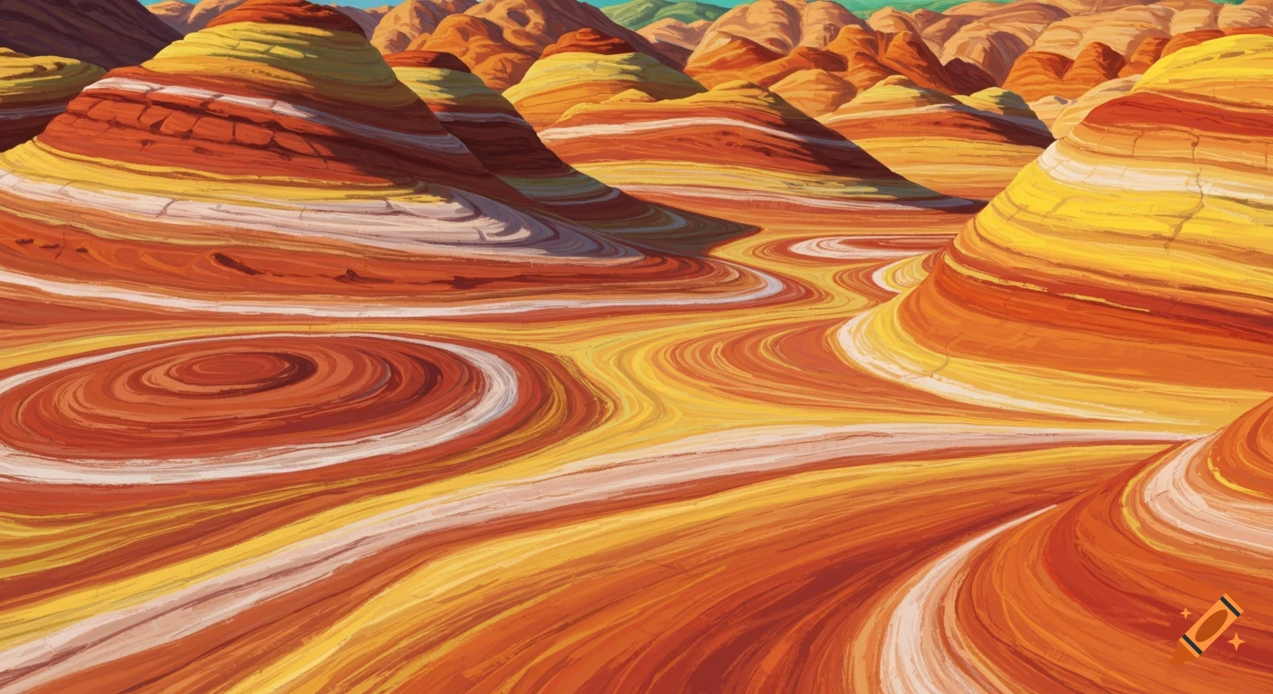 Vibrant, stylized landscape with swirling red, yellow, and white rock formations.