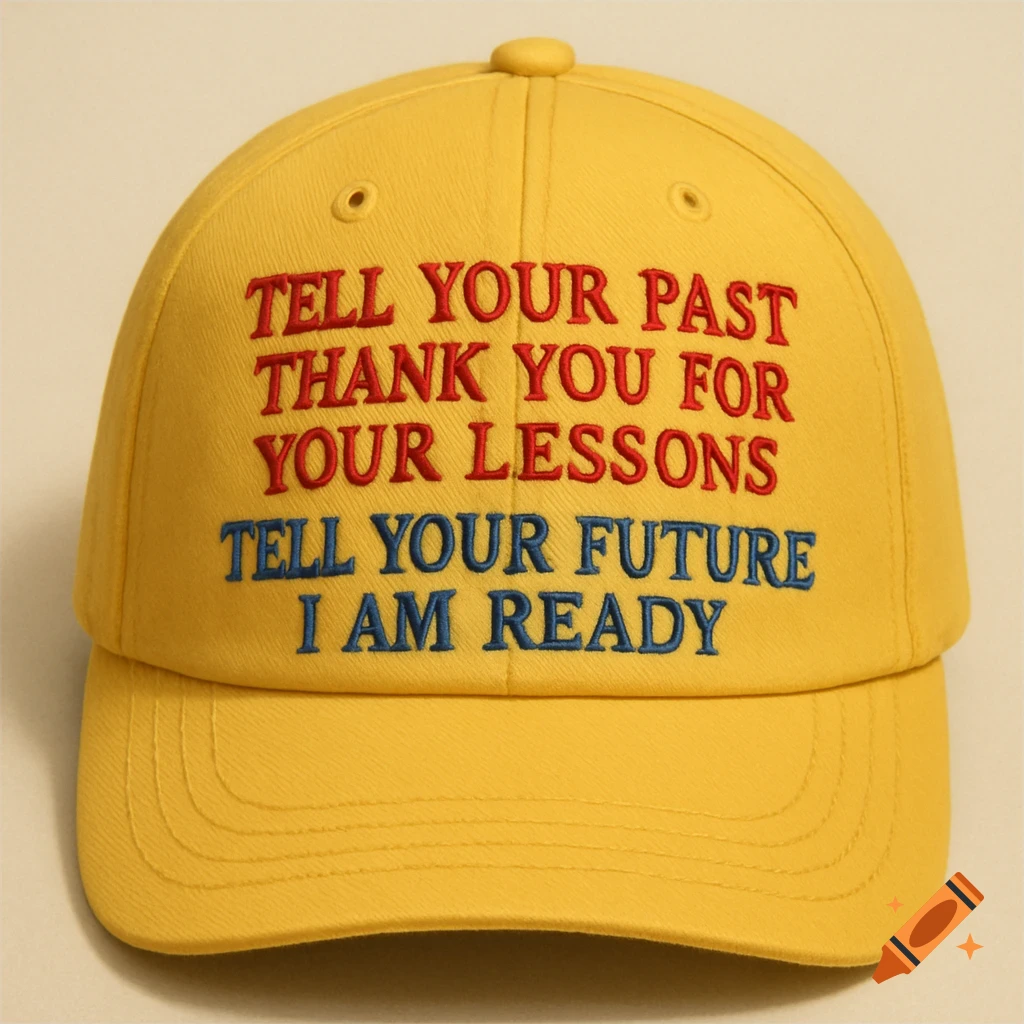 A yellow baseball cap with red and blue embroidered text.