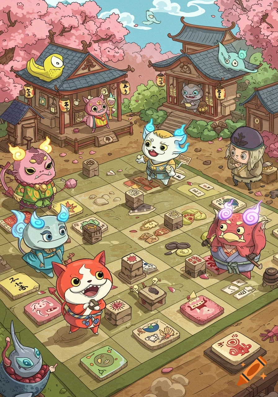 Cartoon monsters play a board game in a Japanese setting under cherry blossoms.