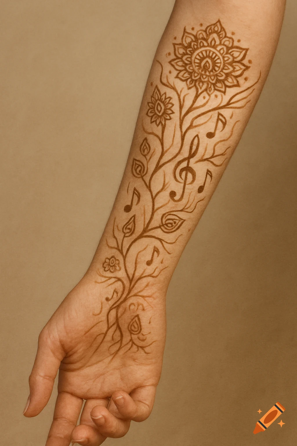 Brown henna tattoo on a forearm featuring floral patterns, branches, and musical notes including a treble clef.