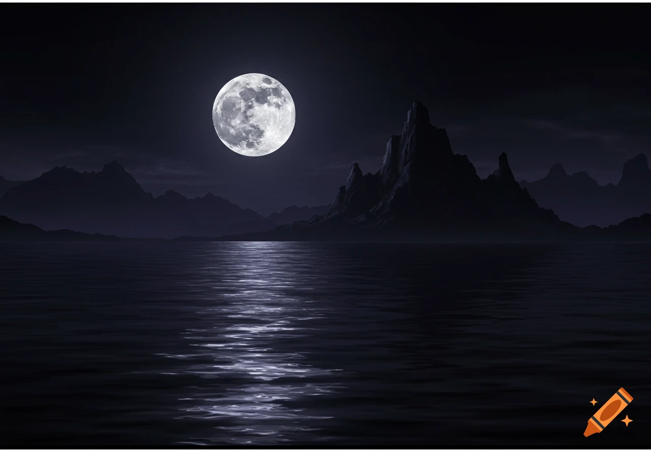 A large full moon over dark mountains and water at night, with the moonlight reflecting on the water.