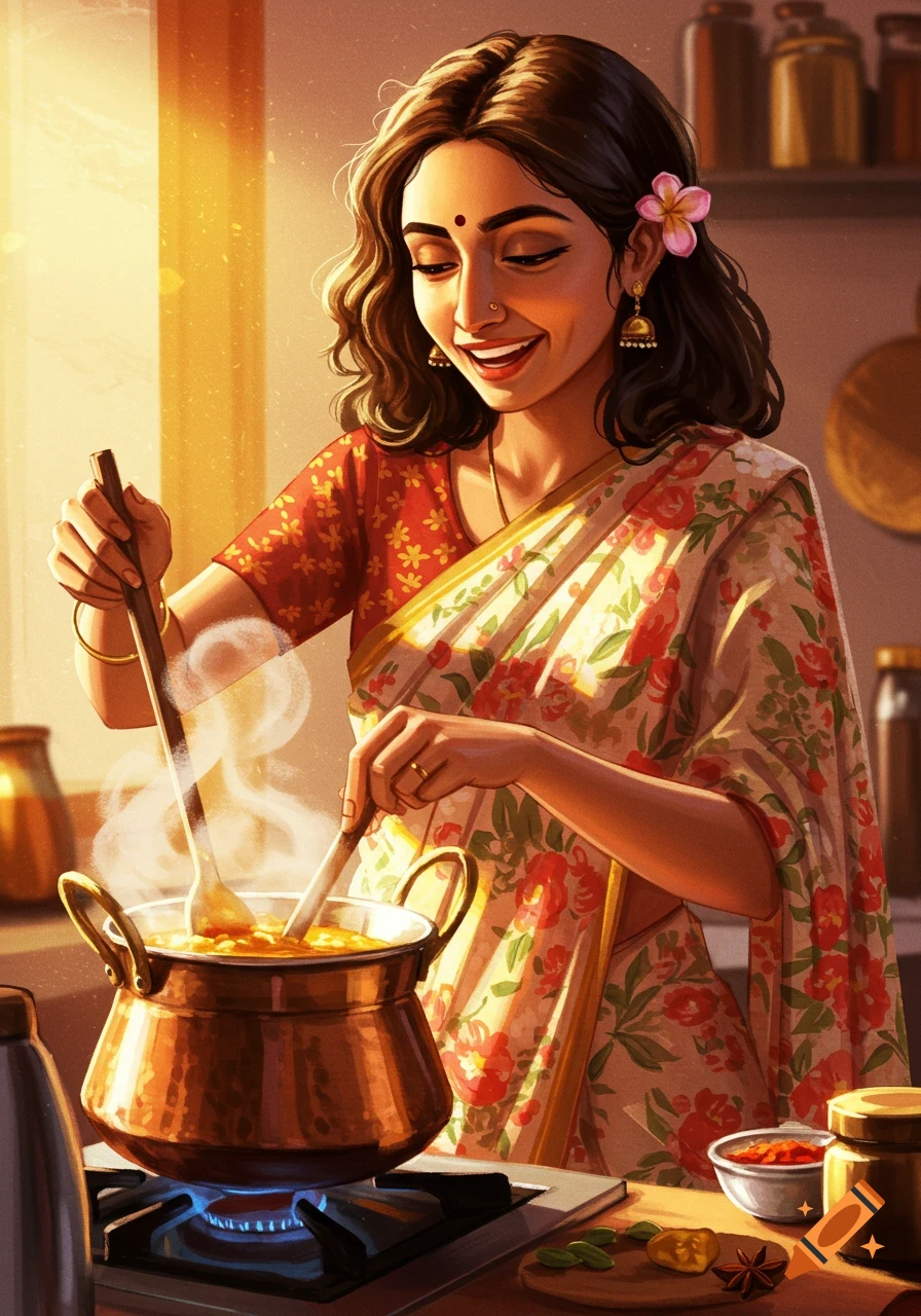 Illustration of a woman in a sari cooking in a kitchen with steam rising from a pot.