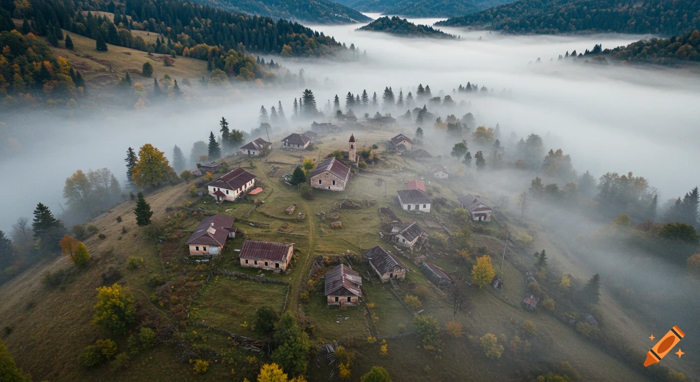 Aerial view of a dilapidated village nestled in a foggy valley.
