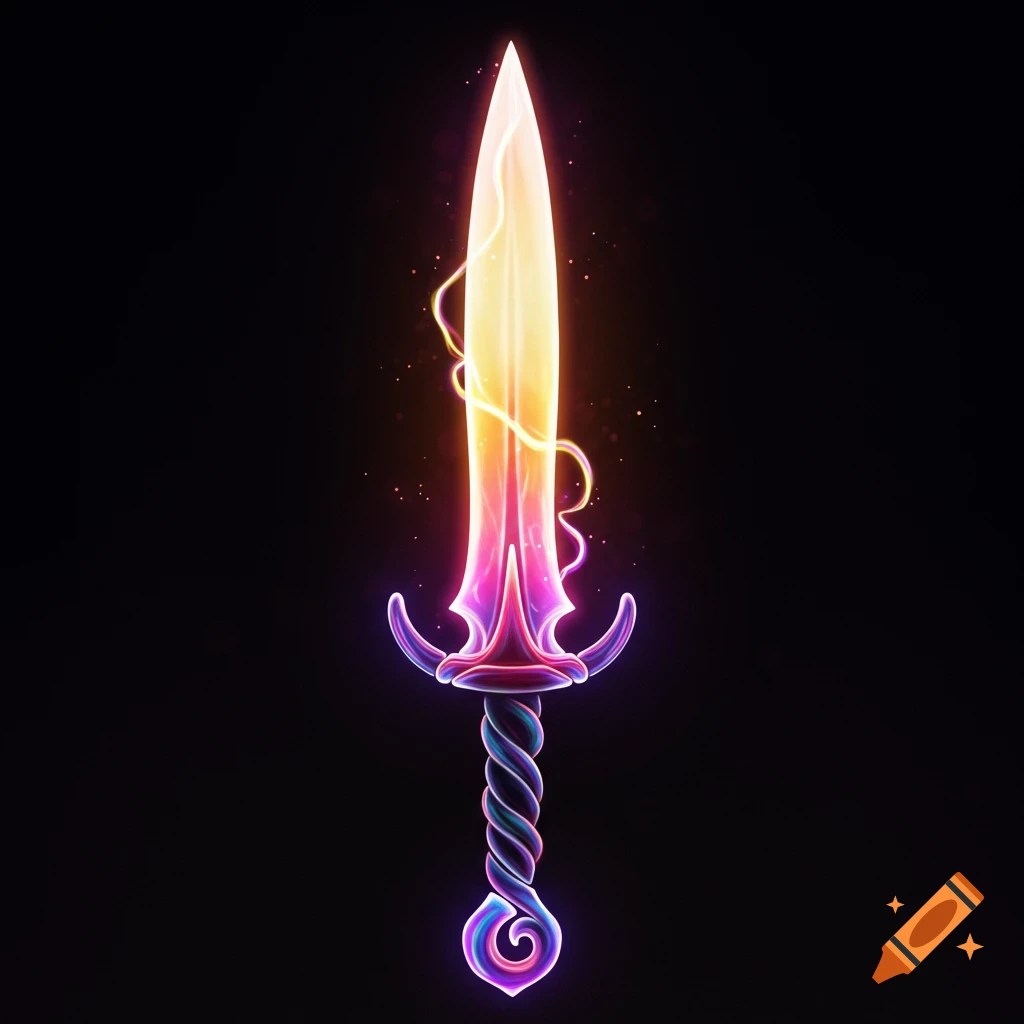 A stylized gladius sword glowing with pink, purple, orange, and yellow light against a black background.