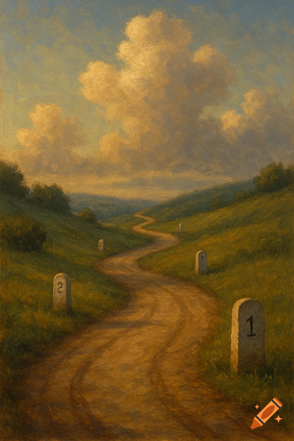 Painting of a winding road through a grassy landscape with numbered milestones under cloudy sky.