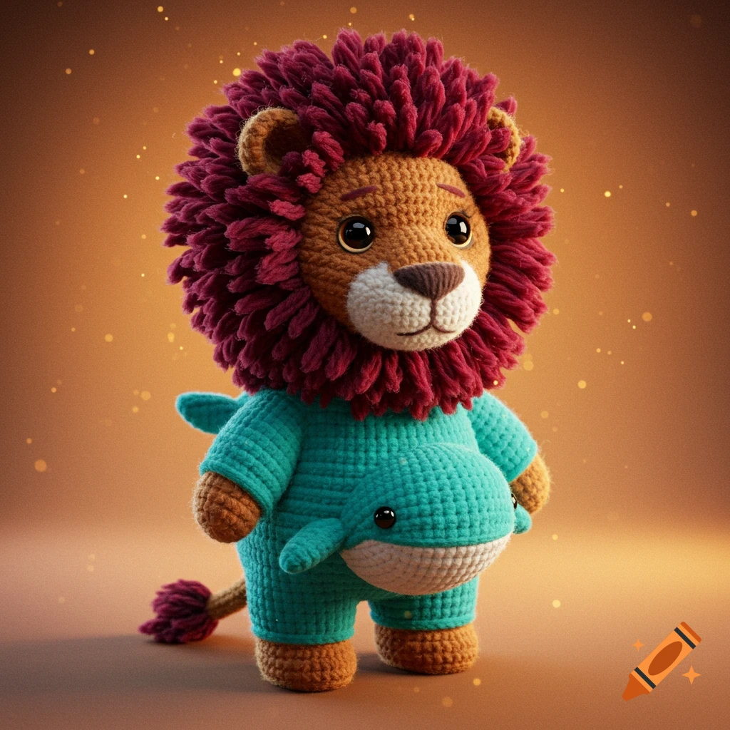 A cute crocheted lion toy wearing a blue whale onesie stands against a warm, blurred background with bokeh.