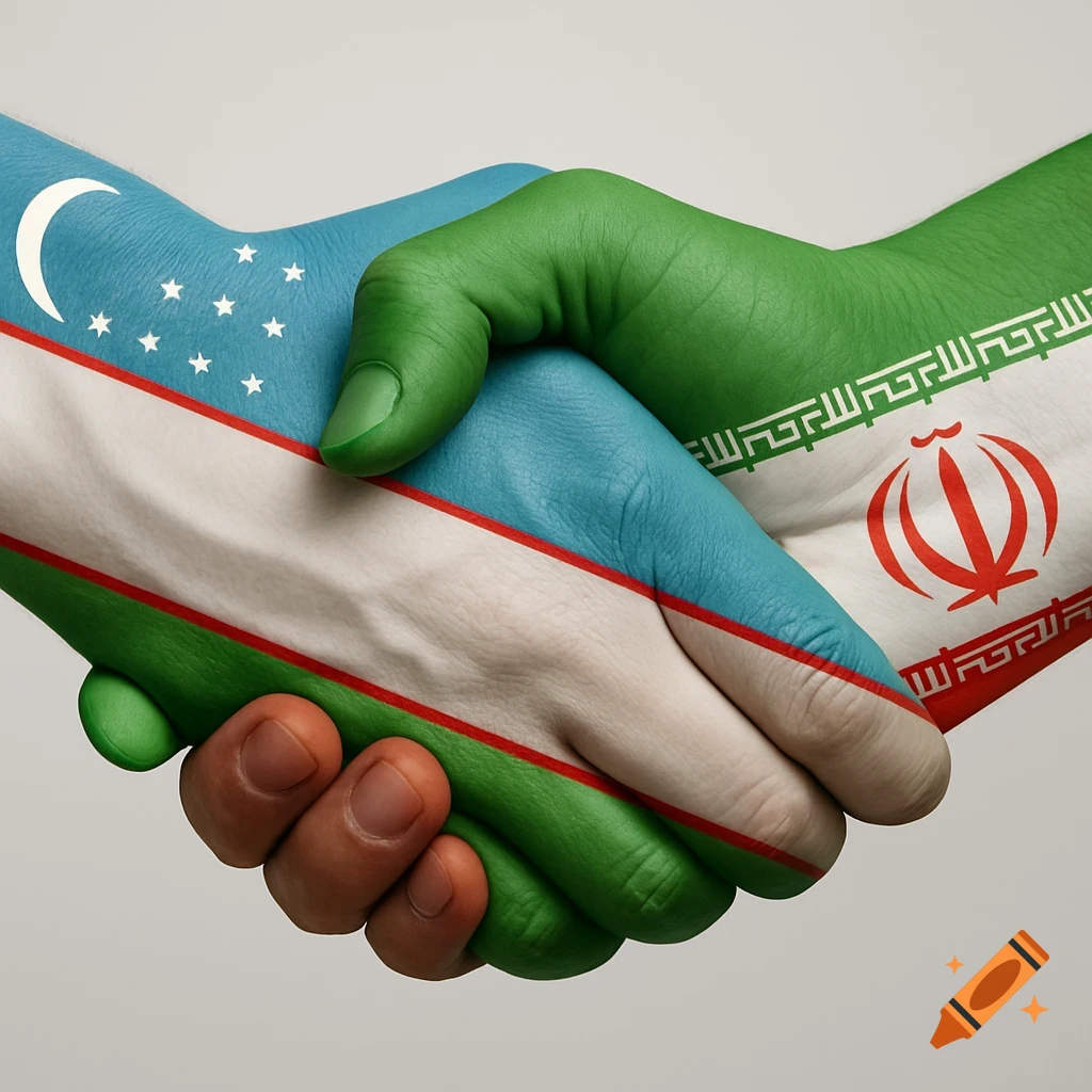 Two hands painted with the flags of Uzbekistan and Iran shake in a symbolic gesture.