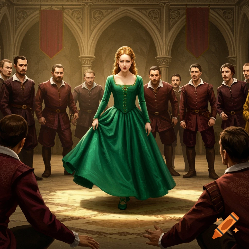 Woman in green dress curtsying to men in historical clothes in a grand hall.