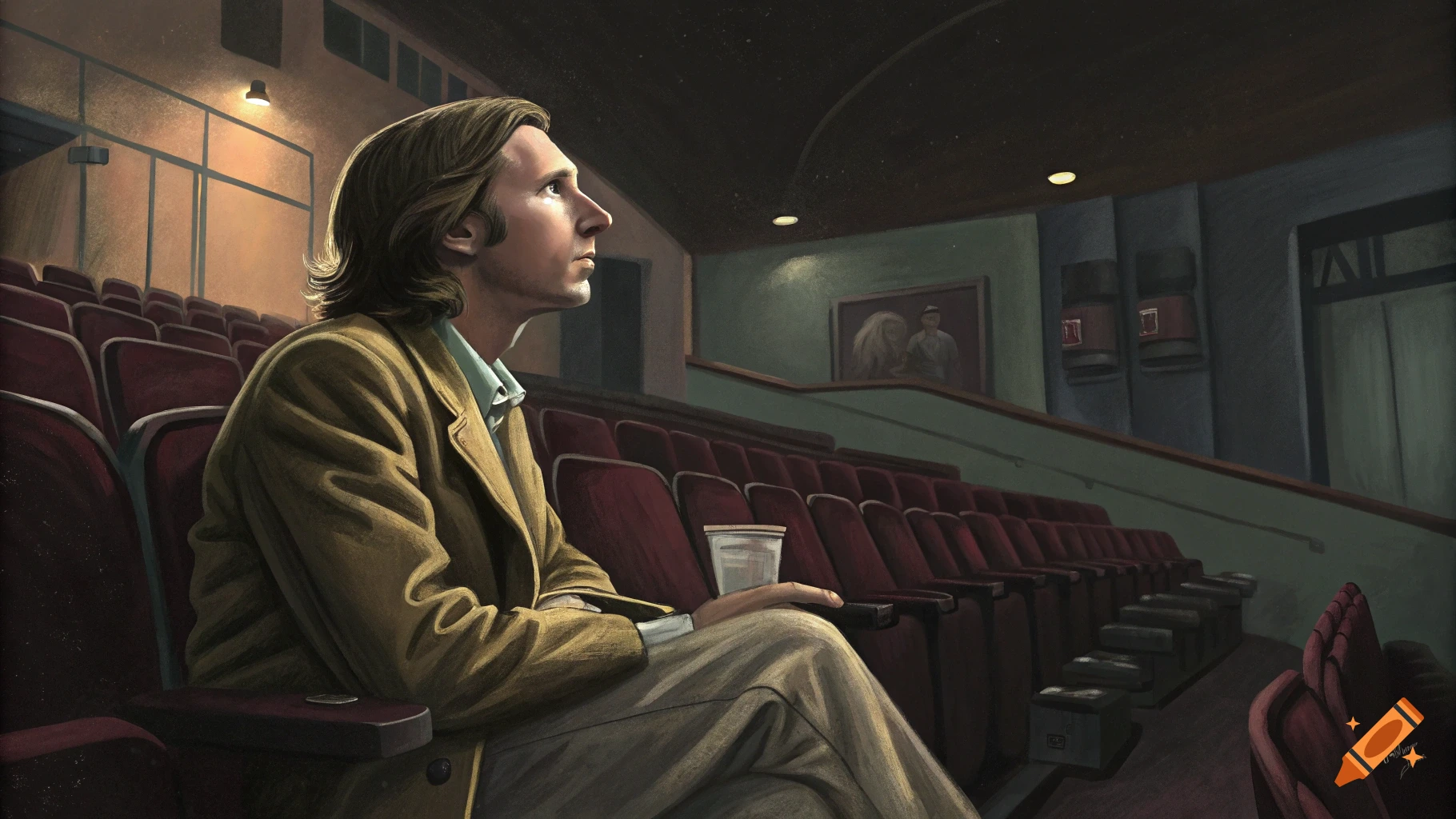 Realistic painting of a man sitting alone in a movie theater.