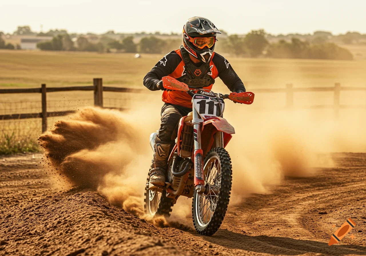 Person on a dirt bike kicks up dust on a track in golden light, wearing helmet and gear.