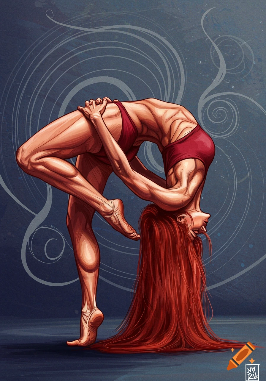 Illustration of a red-haired contortionist woman in a deep backbend touching her feet.