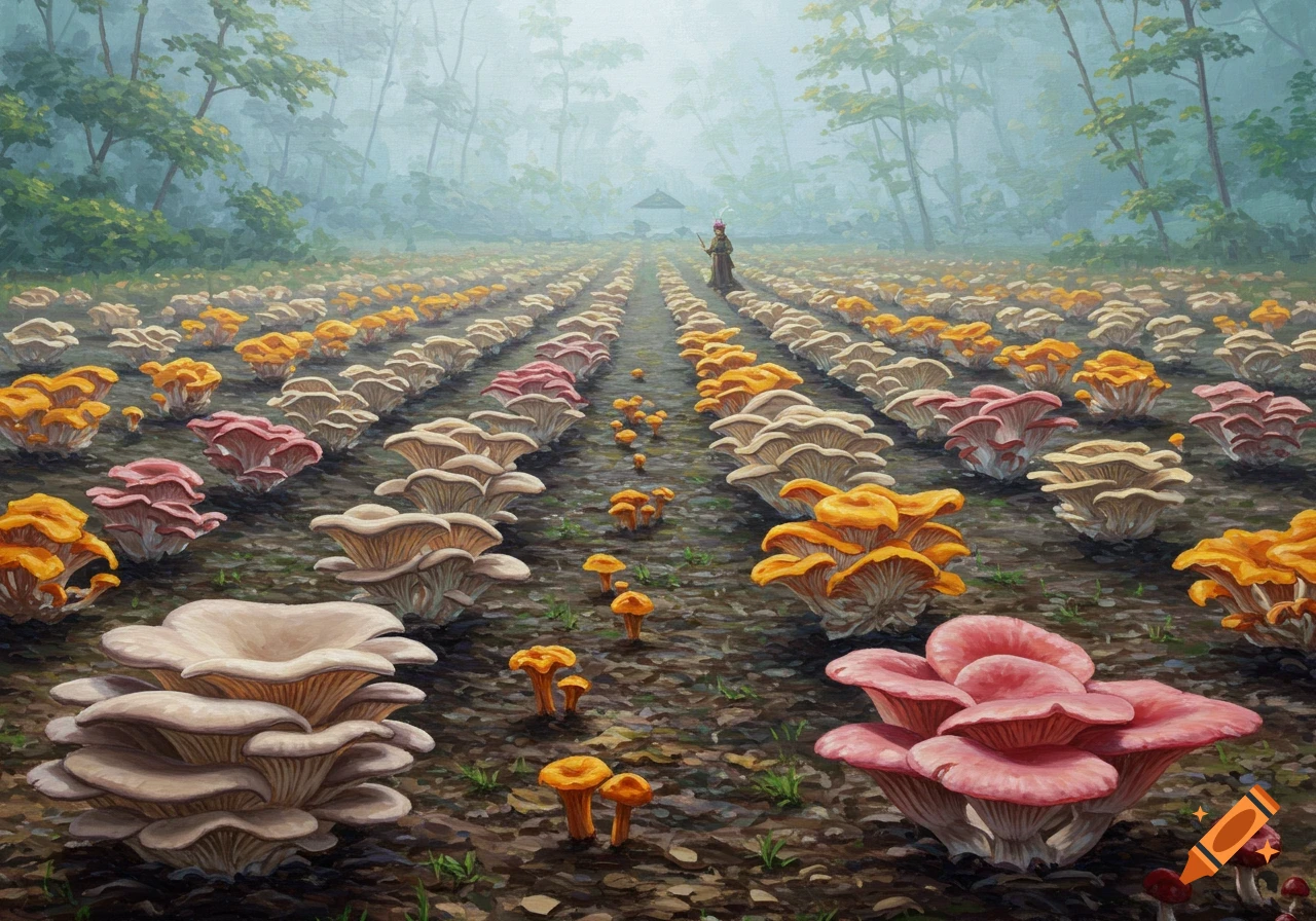 Painting of a field of colorful mushrooms with a person in the distance